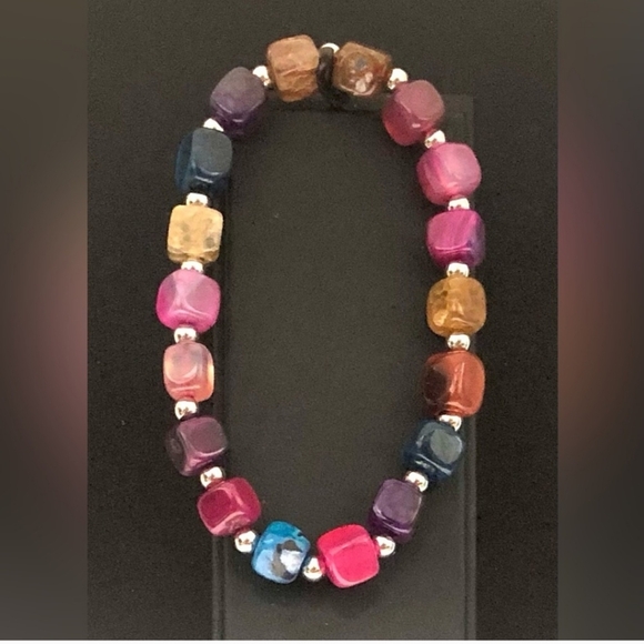 Multi Color Agate Bracelet, Cube Beads, Stretchable Bracelet - Picture 2 of 3